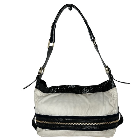 L.A.M.B Reversible White Nylon & Stripes Fabric Patent Leather Strap Hobo Bag - Picture 12 of 16